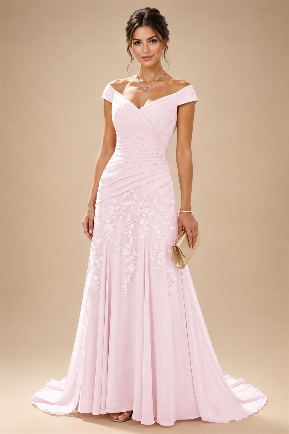 Chiffon Lace A-Line/Princess Off Shoulder Long Mother of the Bride & Groom Dresses with Ruched Waist & Sweep Train (SHI22501250)