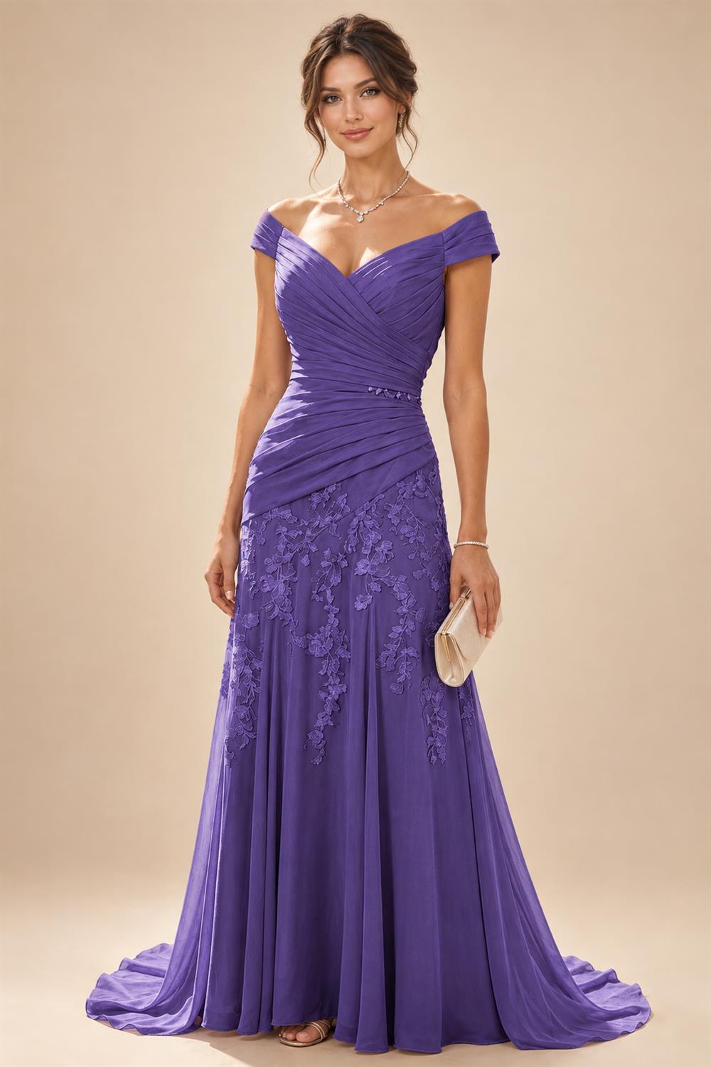 Chiffon Lace A-Line/Princess Off Shoulder Long Mother of the Bride & Groom Dresses with Ruched Waist & Sweep Train (SHI22501250)