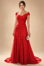Chiffon Lace A-Line/Princess Off Shoulder Long Mother of the Bride & Groom Dresses with Ruched Waist & Sweep Train (SHI22501250)