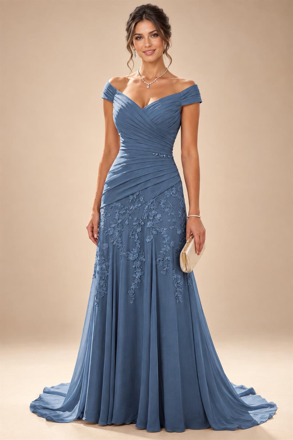 Chiffon Lace A-Line/Princess Off Shoulder Long Mother of the Bride & Groom Dresses with Ruched Waist & Sweep Train (SHI22501250)