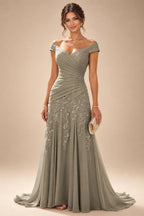 Chiffon Lace A-Line/Princess Off Shoulder Long Mother of the Bride & Groom Dresses with Ruched Waist & Sweep Train (SHI22501250)