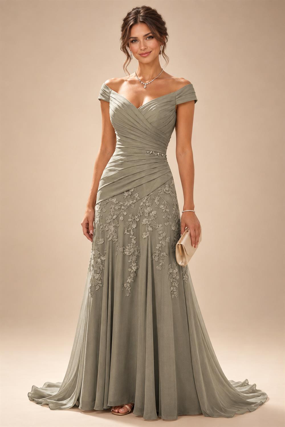 Chiffon Lace A-Line/Princess Off Shoulder Long Mother of the Bride & Groom Dresses with Ruched Waist & Sweep Train (SHI22501250)