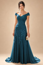 Chiffon Lace A-Line/Princess Off Shoulder Long Mother of the Bride & Groom Dresses with Ruched Waist & Sweep Train (SHI22501250)