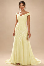 Chiffon Lace A-Line/Princess Off Shoulder Long Mother of the Bride & Groom Dresses with Ruched Waist & Sweep Train (SHI22501250)