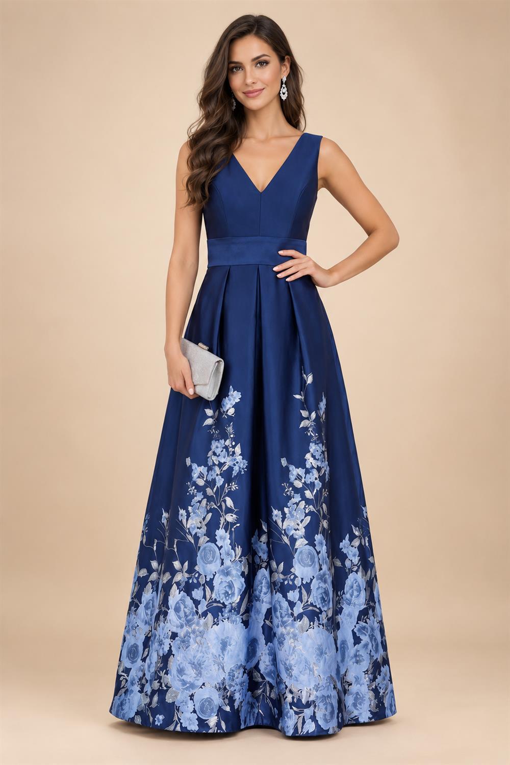 Floral Print A-Line/Princess V-Neck Tea-Length Mother of the Bride & Groom Dresses with Ruched Waist & Pockets (SHI22501150)
