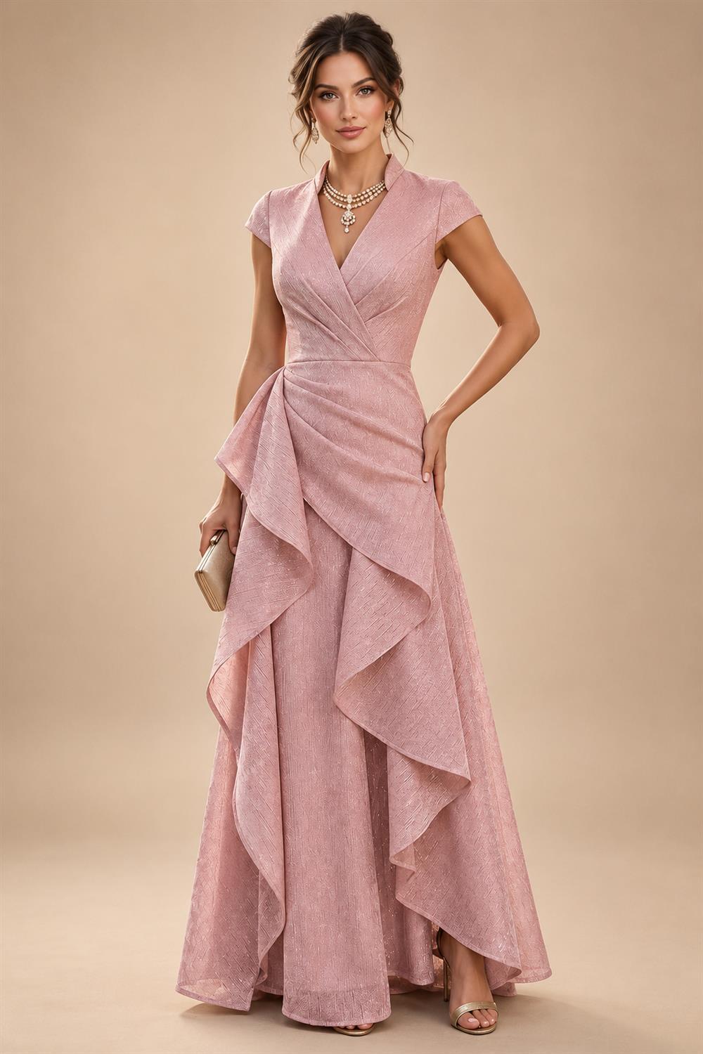 A-Line/Princess V-Neck Chiffon Maxi Mother of the Bride & Groom Dresses with Feather Trim & Pleats (SHI22501651)