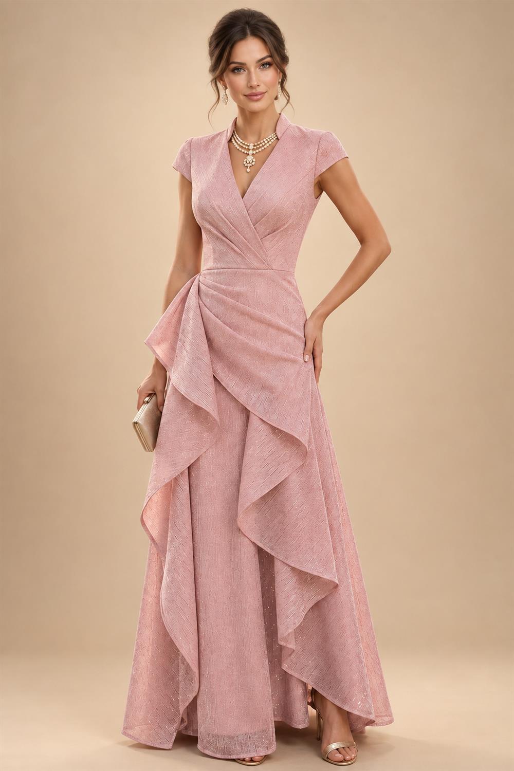 A-Line Chiffon 3/4 Flutter Sleeves Mother of the Bride & Groom Dresses with Beaded Lace Embroidered Bodice (SHI22500645)