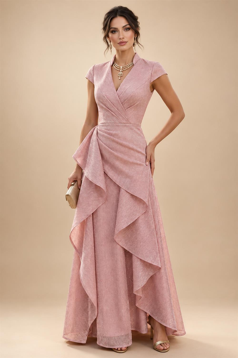 Sheath/Column V-Neck Jacquard Maxi Mother of the Bride & Groom Dresses with Ruffles & Slit (SHI25001047)