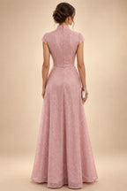 A-Line/Princess Scoop Neck Chiffon Maxi Mother of the Bride & Groom Dresses with Lace Appliques, Sweep Train & Pleats (SHI22501636)