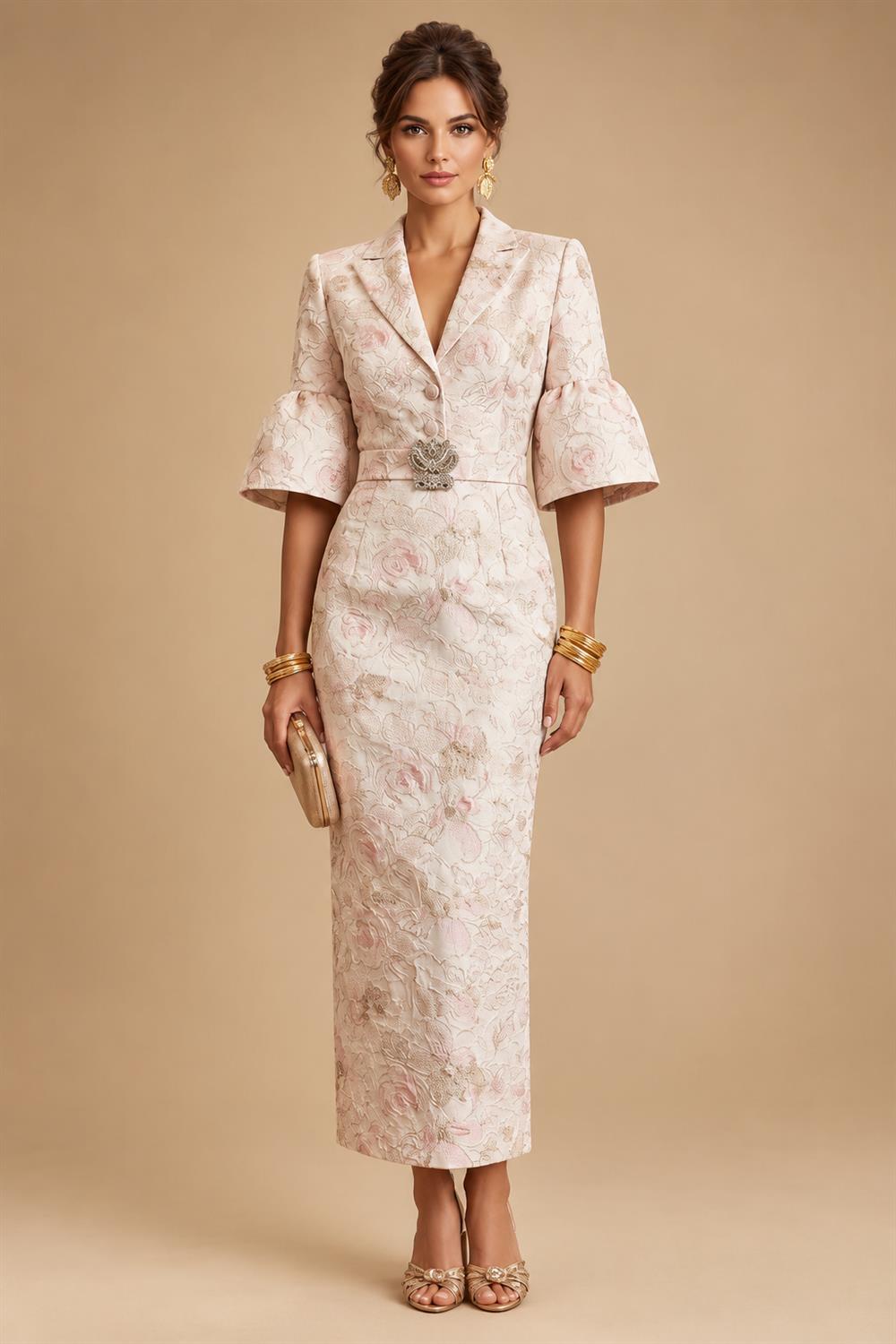 Jacquard Sheath/Column V-Neck Tea-Length Mother of the Bride & Groom Dresses for Women (SHI22501292)