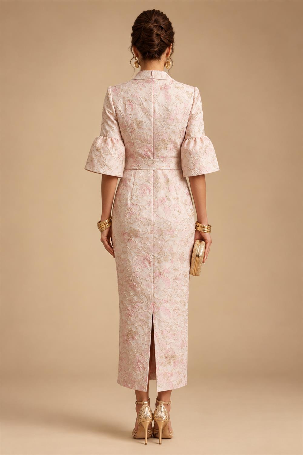 Sheath Satin Tea-Length Mother of the Bride & Groom Dresses with 3/4 Bell Sleeves & Crystal Embellished Belt (SHI22500471)