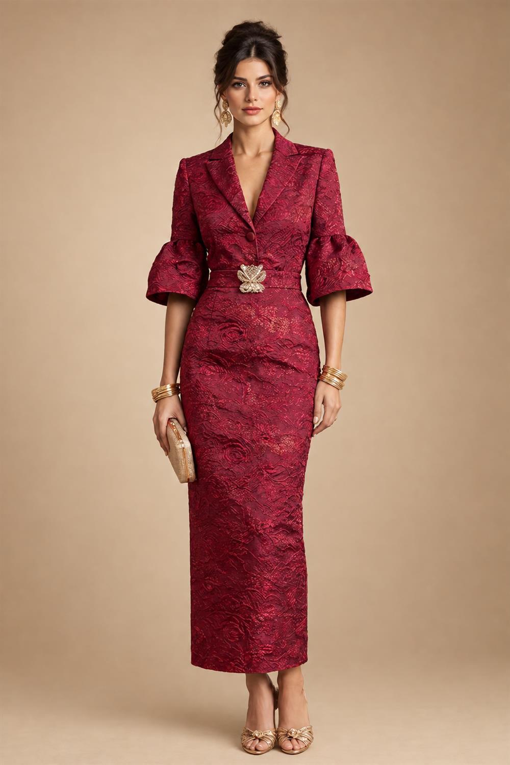 Jacquard Sheath/Column V-Neck Tea-Length Mother of the Bride & Groom Dresses for Women (SHI22501292)