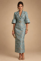 Jacquard Sheath/Column V-Neck Tea-Length Mother of the Bride & Groom Dresses for Women (SHI22501292)