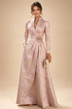 Jacquard A-Line/Princess V-Neck Floor-Length Mother of the Bride & Groom Dresses with Ruched Waist & Pockets (SHI22501298)
