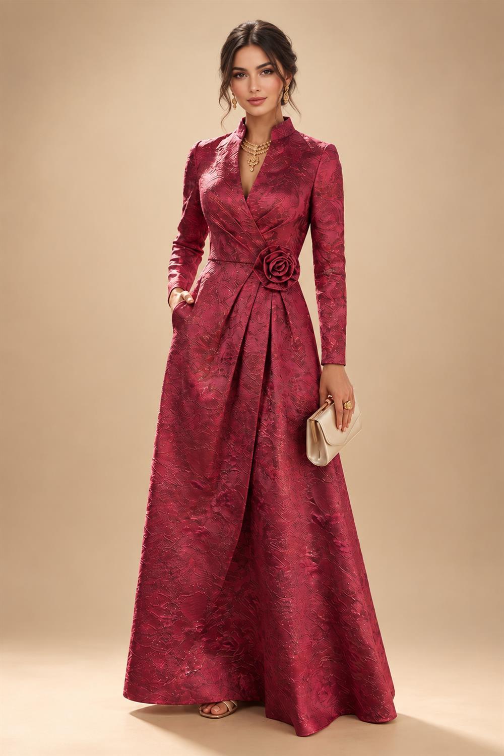 Jacquard A-Line/Princess V-Neck Floor-Length Mother of the Bride & Groom Dresses with Ruched Waist & Pockets (SHI22501298)