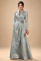 Jacquard A-Line/Princess V-Neck Floor-Length Mother of the Bride & Groom Dresses with Ruched Waist & Pockets (SHI22501298)