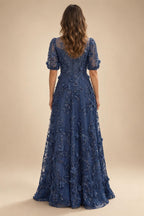 Sequin Floral A-Line/Princess V-Neck Floor-Length Mother of the Bride & Groom Dresses with 3D Flowers & Pleats (SHI22501350)