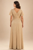 A-Line Chiffon 3/4 Flutter Sleeves Mother of the Bride & Groom Dresses with Beaded Lace Embroidered Bodice (SHI22500645)