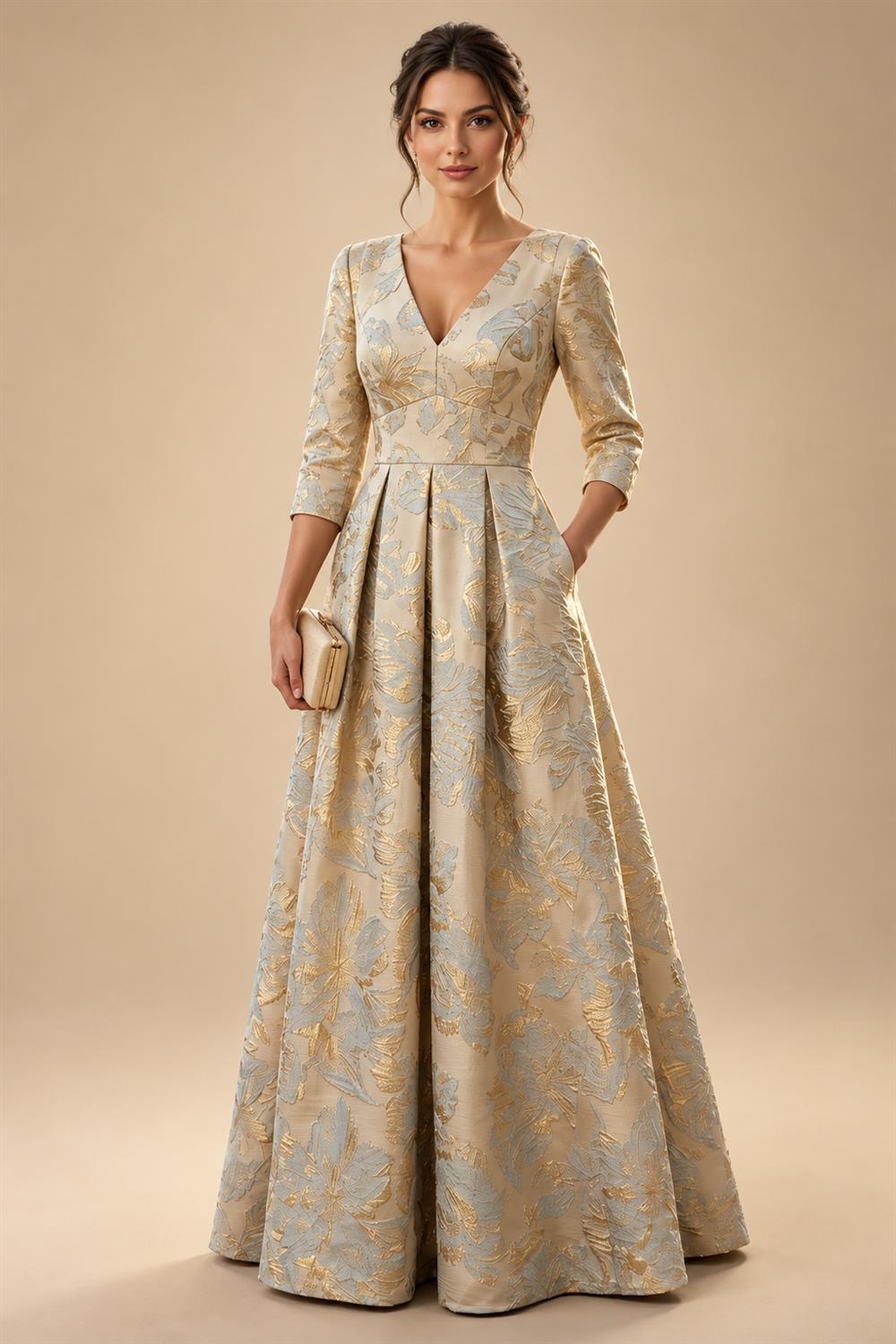 Jacquard A-Line/Princess V-Neck Floor-Length Mother of the Bride & Groom Dresses with Ruched Waist & Pockets (SHI22501298)