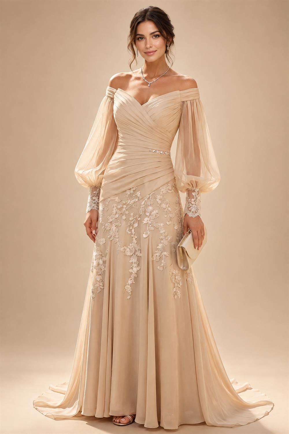 A-Line/Princess V-Neck Chiffon Maxi Mother of the Bride & Groom Dresses with Feather Trim & Pleats (SHI22501651)