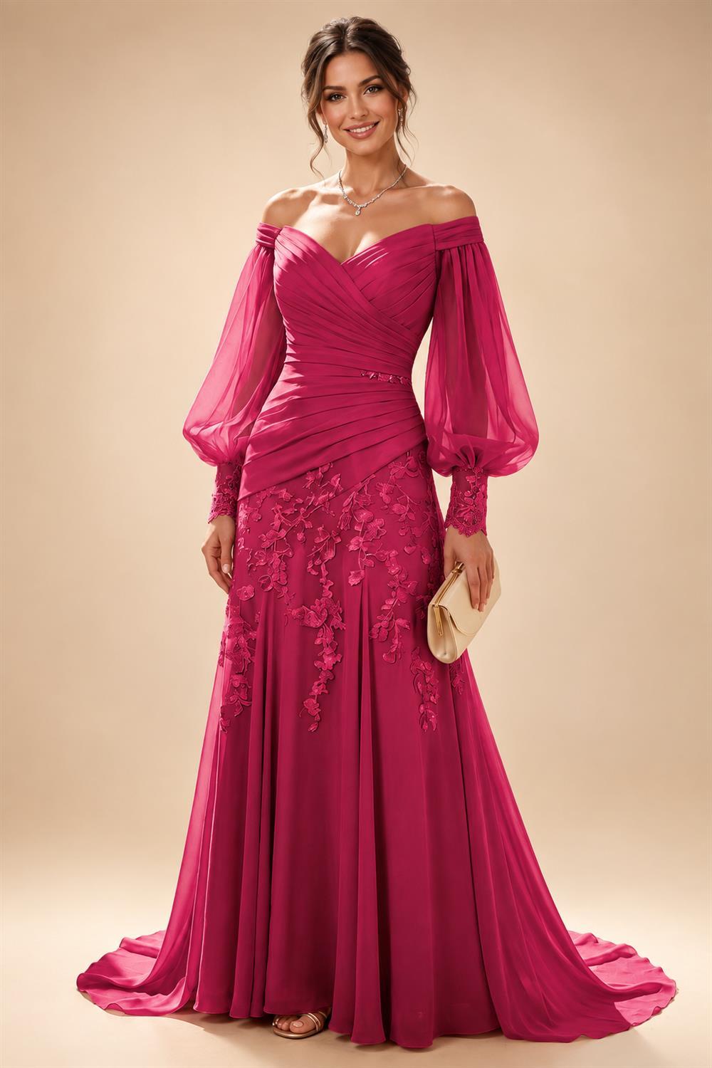 A-Line/Princess Off Shoulder Chiffon Floor-Length Mother of the Bride & Groom Dresses with Lace Appliques & Pleats (SHI22501566)