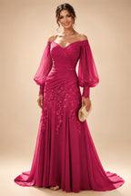 A-Line/Princess Off Shoulder Chiffon Floor-Length Mother of the Bride & Groom Dresses with Lace Appliques & Pleats (SHI22501566)