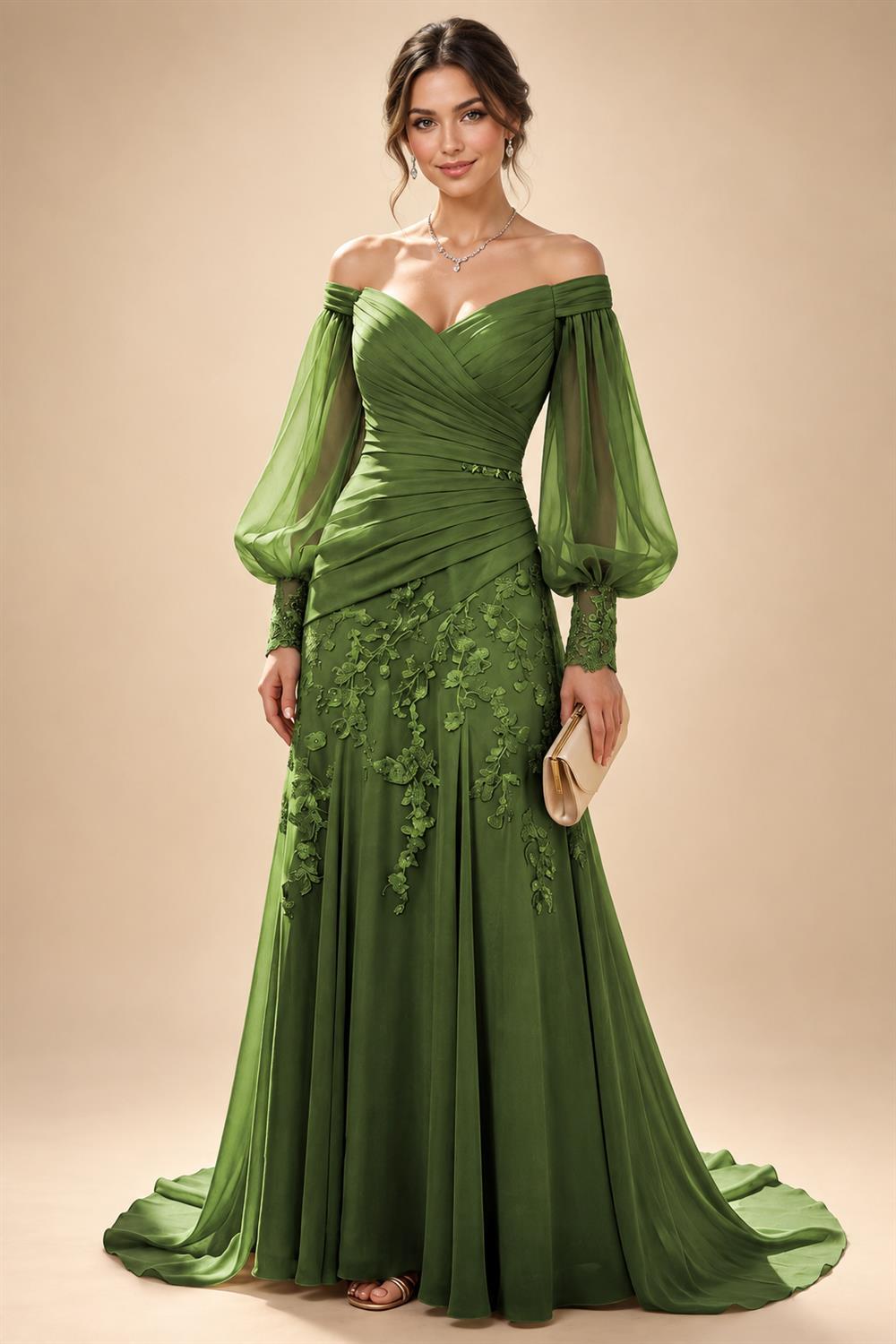 A-Line/Princess Off Shoulder Chiffon Floor-Length Mother of the Bride & Groom Dresses with Lace Appliques & Pleats (SHI22501566)