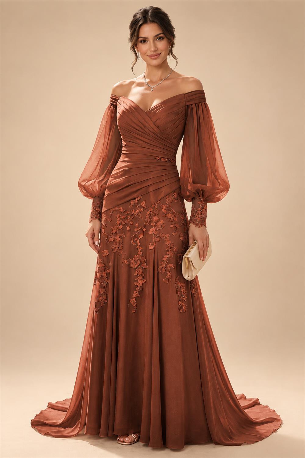 A-Line/Princess Off Shoulder Chiffon Floor-Length Mother of the Bride & Groom Dresses with Lace Appliques & Pleats (SHI22501566)