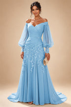 A-Line/Princess Off Shoulder Chiffon Floor-Length Mother of the Bride & Groom Dresses with Lace Appliques & Pleats (SHI22501566)