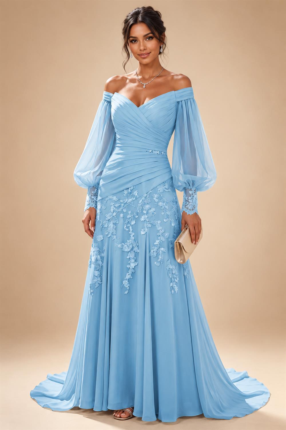A-Line/Princess Off Shoulder Chiffon Floor-Length Mother of the Bride & Groom Dresses with Lace Appliques & Pleats (SHI22501566)