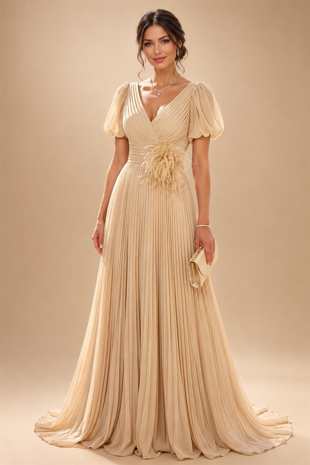 A-Line/Princess Scoop Neck Chiffon Maxi Mother of the Bride & Groom Dresses with Lace Appliques, Sweep Train & Pleats (SHI22501636)