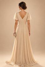 A-Line/Princess Scoop Neck Chiffon Maxi Mother of the Bride & Groom Dresses with Lace Appliques, Sweep Train & Pleats (SHI22501636)