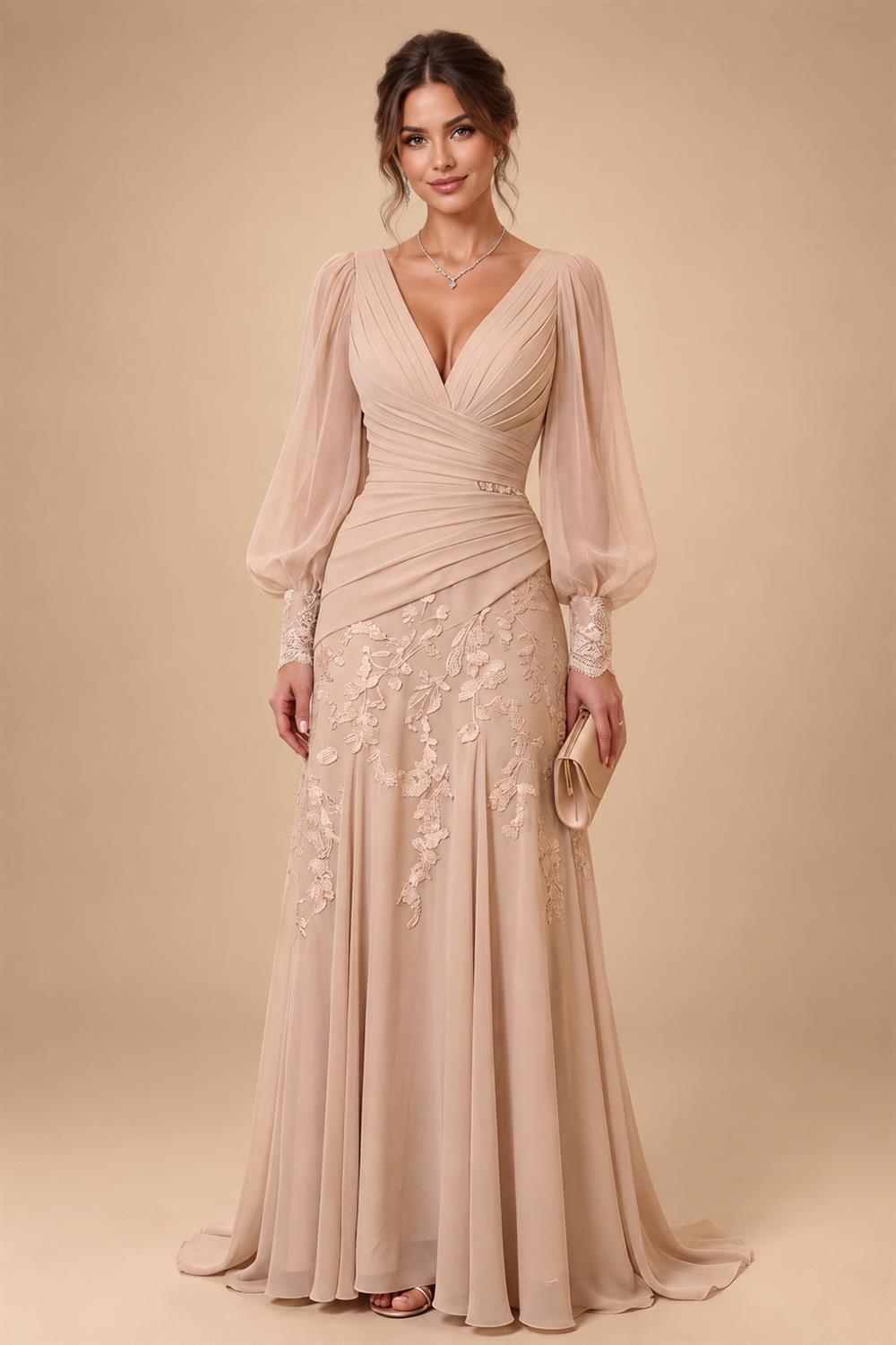 A-Line/Princess Scoop Neck Chiffon Maxi Mother of the Bride & Groom Dresses with Lace Appliques, Sweep Train & Pleats (SHI22501636)