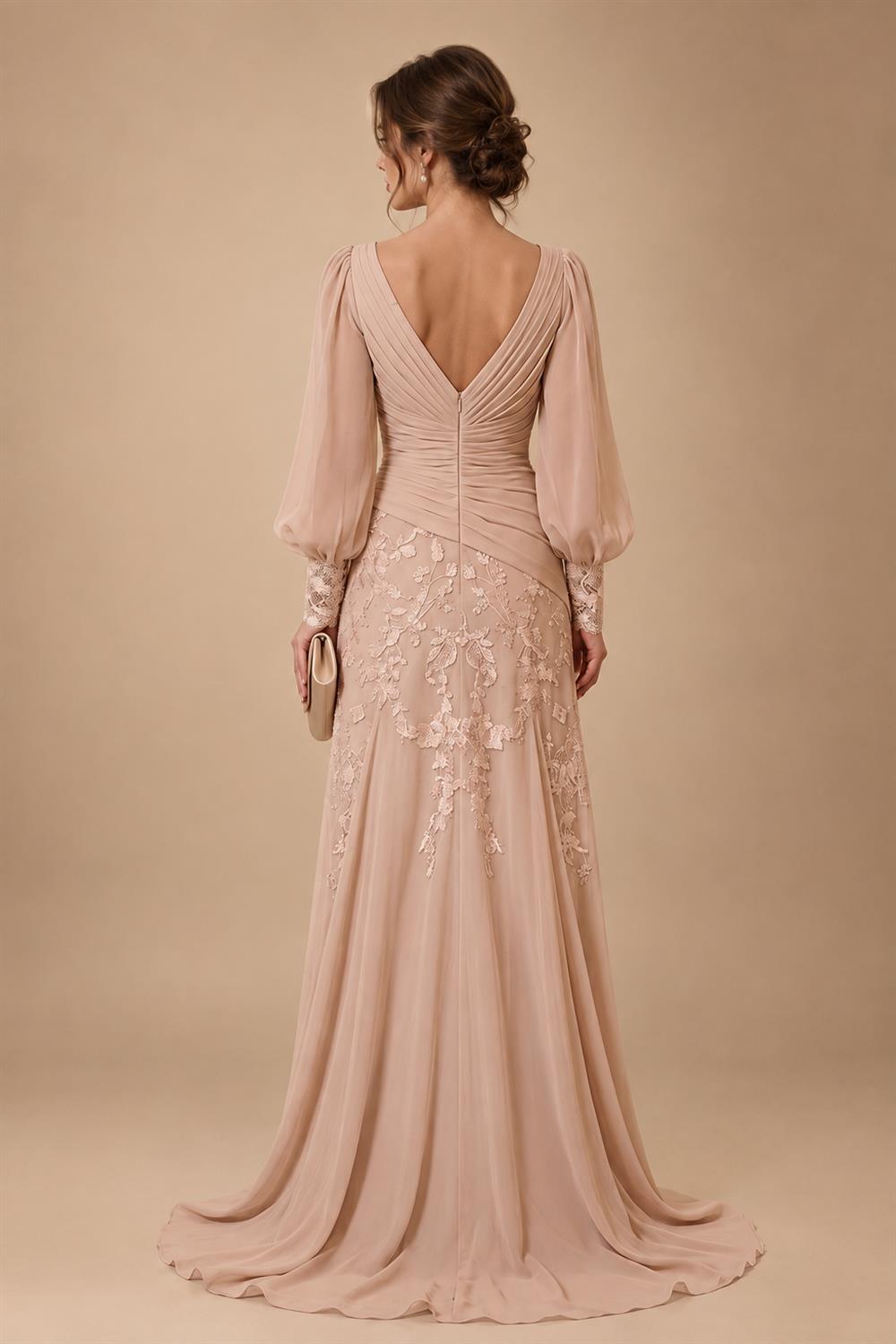 A-Line/Princess Scoop Neck Chiffon Maxi Mother of the Bride & Groom Dresses with Lace Appliques, Sweep Train & Pleats (SHI22501636)