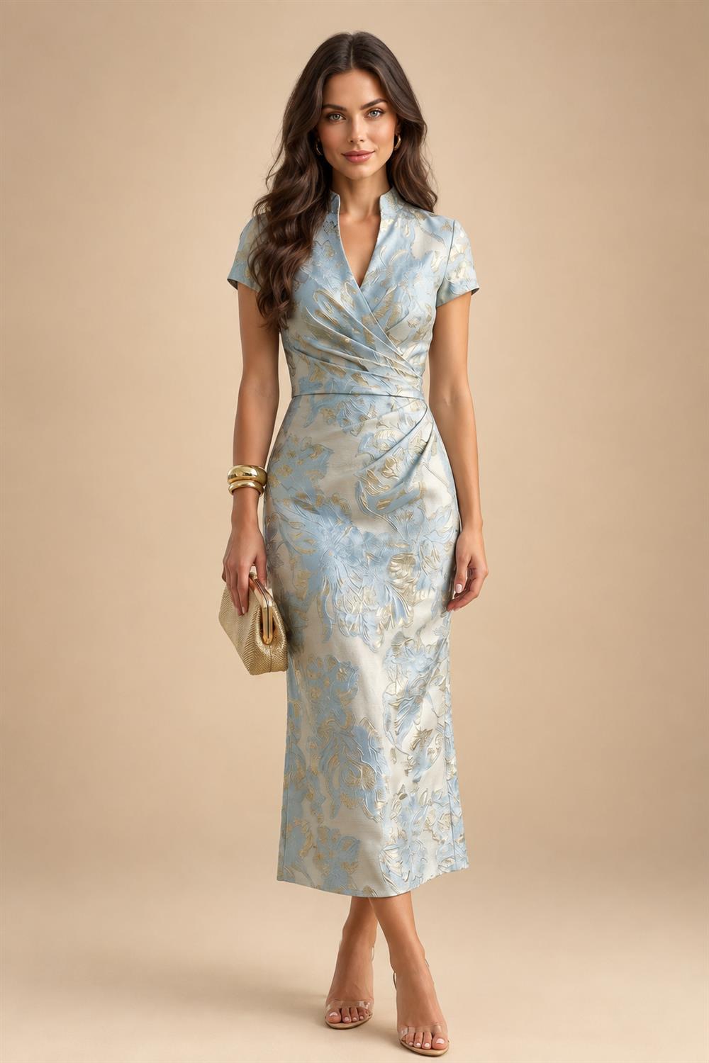 Jacquard A-Line/Princess V-Neck Tea-Length Mother of the Bride & Groom Dresses with Ruched Waist (SHI22501056)
