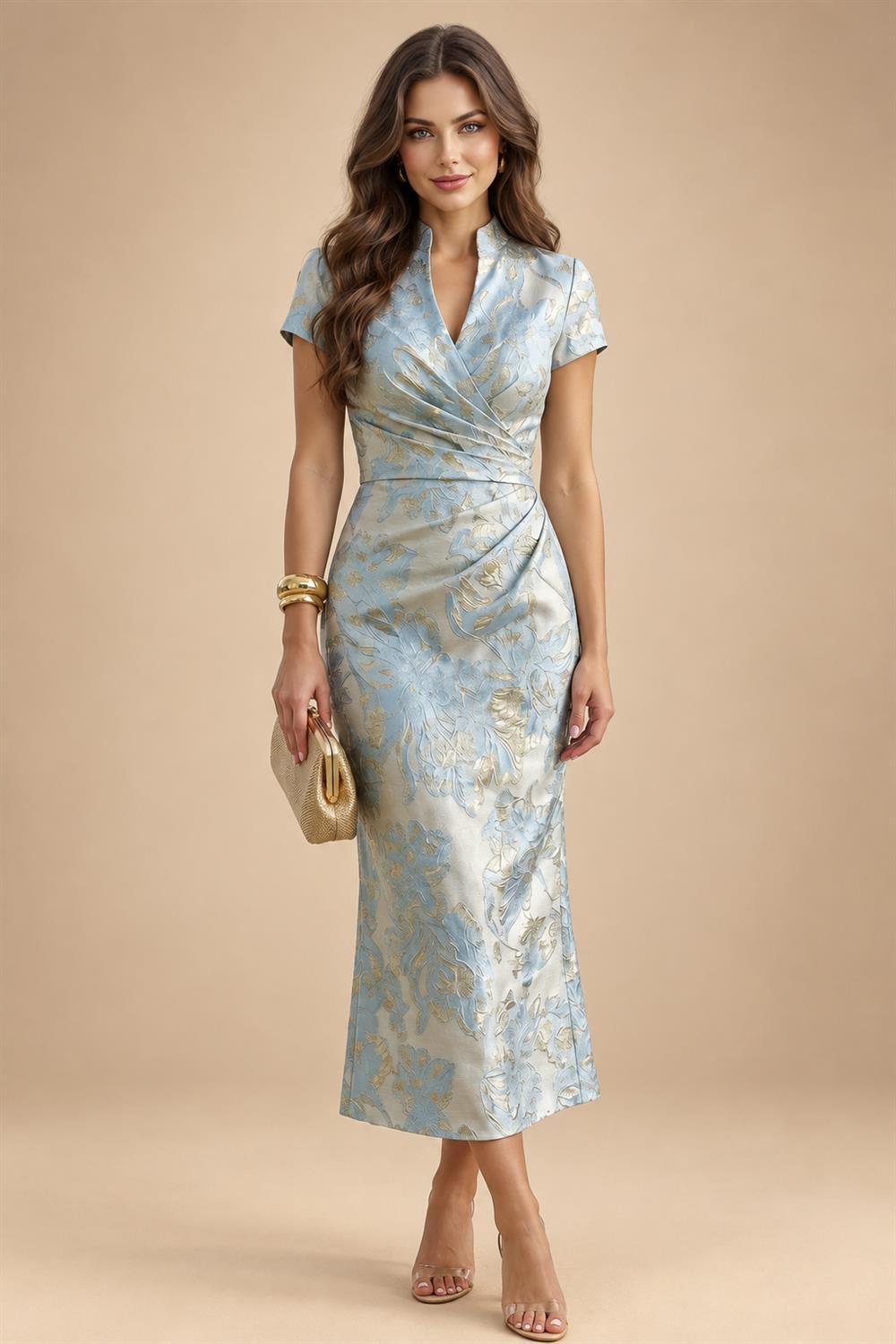 A-Line Chiffon 3/4 Flutter Sleeves Mother of the Bride & Groom Dresses with Beaded Lace Embroidered Bodice (SHI22500645)