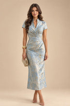 A-Line Satin V-Neck 3/4 Sleeve Mother of the Bride Dresses Floor-Length Ball Gown with Applique (SHI22500294)