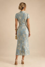 Jacquard A-Line/Princess V-Neck Tea-Length Mother of the Bride & Groom Dresses with Ruched Waist (SHI22501056)