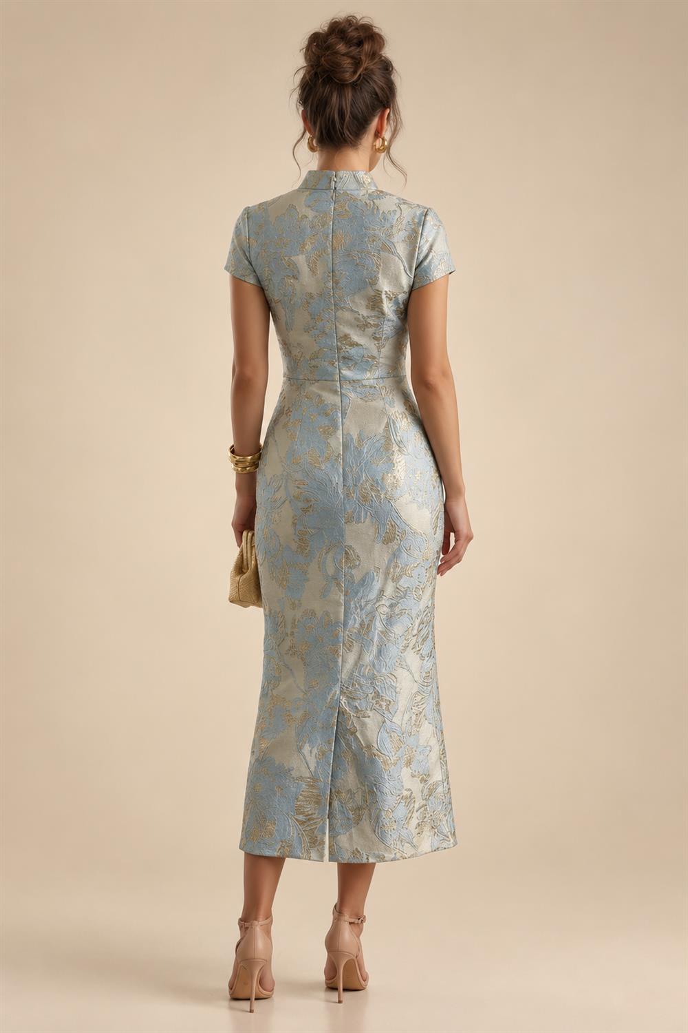 A-Line Satin V-Neck 3/4 Sleeve Mother of the Bride Dresses Floor-Length Ball Gown with Applique (SHI22500294)