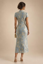 Sheath Satin Tea-Length Mother of the Bride & Groom Dresses with 3/4 Bell Sleeves & Crystal Embellished Belt (SHI22500471)