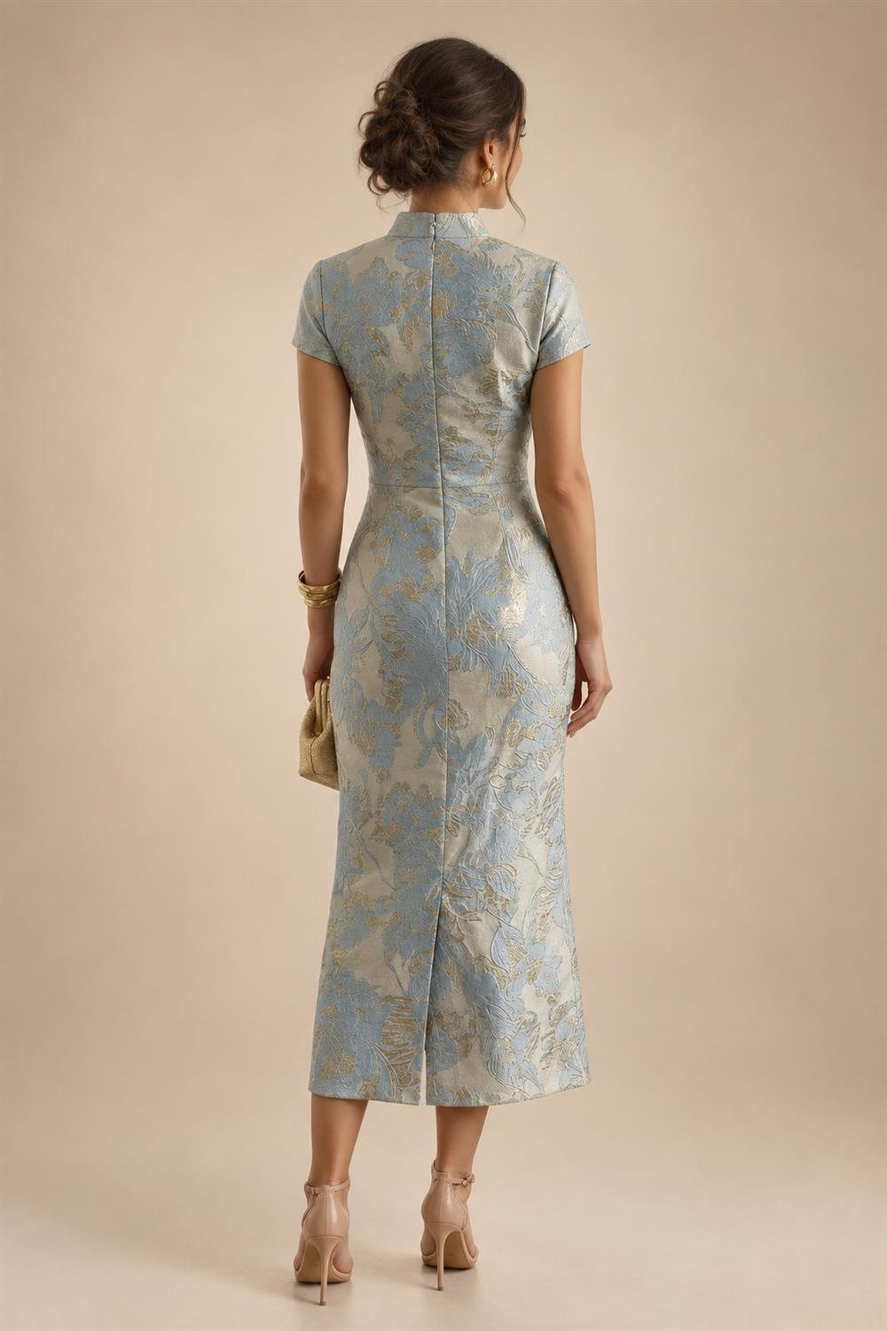 Sheath Satin Tea-Length Mother of the Bride & Groom Dresses with 3/4 Bell Sleeves & Crystal Embellished Belt (SHI22500471)