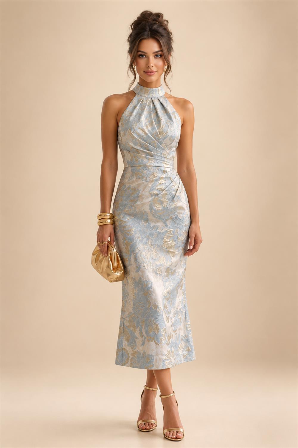 Jacquard A-Line/Princess V-Neck Tea-Length Mother of the Bride & Groom Dresses with Ruched Waist (SHI22501056)