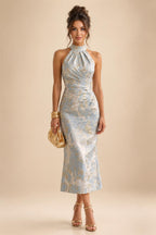 Jacquard A-Line/Princess V-Neck Tea-Length Mother of the Bride & Groom Dresses with Ruched Waist (SHI22501056)