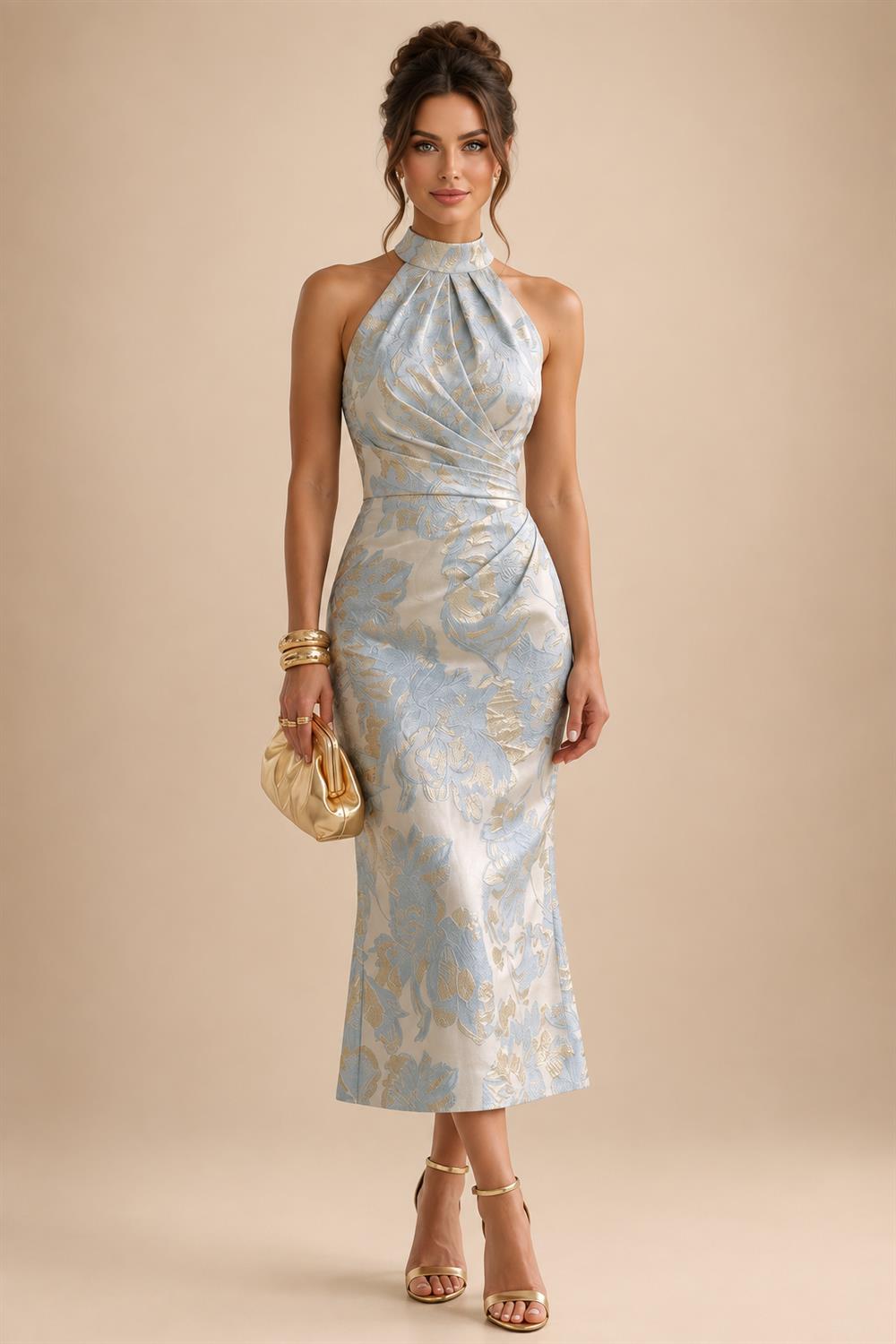 Jacquard Sheath/Column V-Neck Floor-Length Mother of the Bride & Groom Dresses with Ruched Waist (SHI22501057)