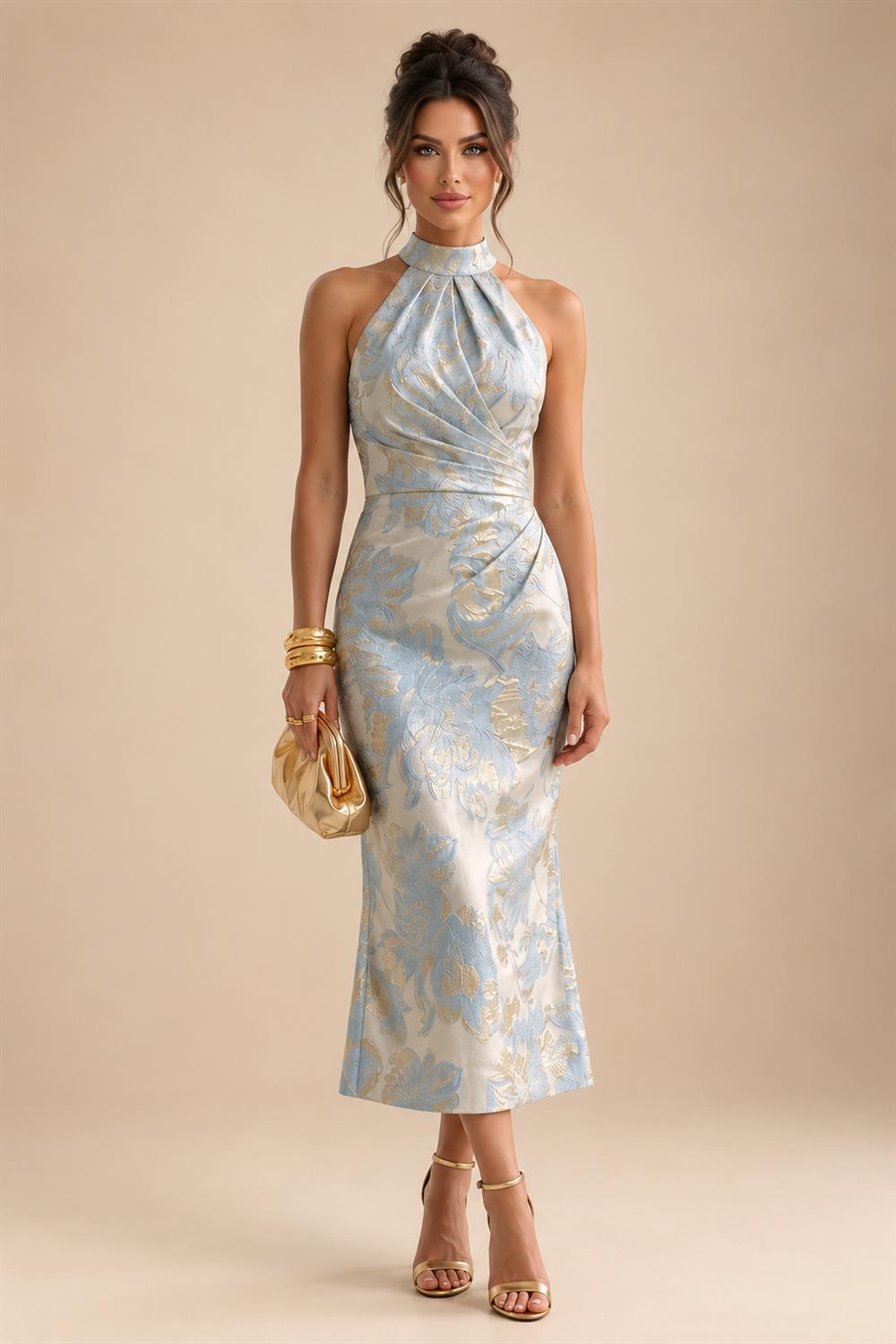 Jacquard Sheath/Column V-Neck Tea-Length Mother of the Bride & Groom Dresses for Women (SHI22501292)