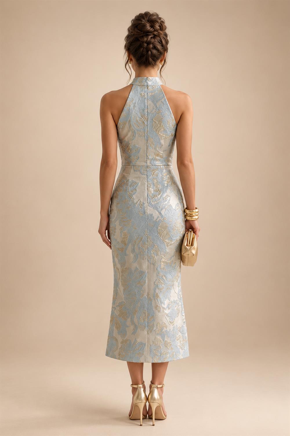 Jacquard Sheath/Column V-Neck Tea-Length Mother of the Bride & Groom Dresses for Women (SHI22501292)