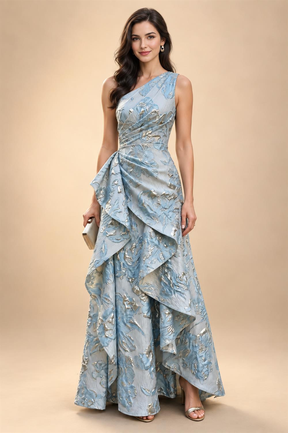 Jacquard A-Line/Princess V-Neck Tea-Length Mother of the Bride & Groom Dresses with Ruched Waist (SHI22501056)