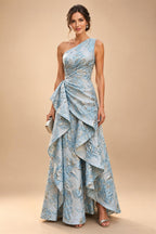 A-Line Metallic Satin Off Shoulder Bow Mother of the Bride & Groom Dresses with Floral Lace Appliques, Ruched Waist & Sweep Train (SHI22500425)