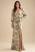 Sheath/Column V-Neck Jacquard Maxi Mother of the Bride & Groom Dresses with Ruffles & Slit (SHI25001047)