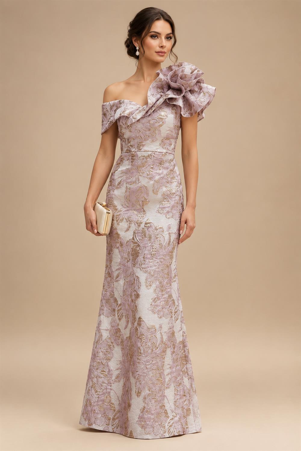 Sheath Floral Jacquard Off Shoulder Mother of the Bride & Groom Dresses with Flower (SHI22500777)